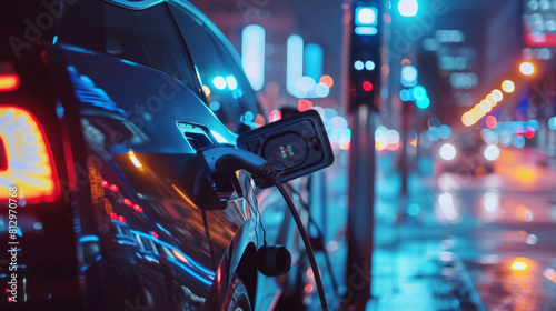 Nighttime cityscape: ev charging with city lights illumination