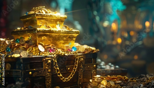 A photo of a stack of gold ingots overflowing from a treasure chest overflowing with jewels and ancient coins