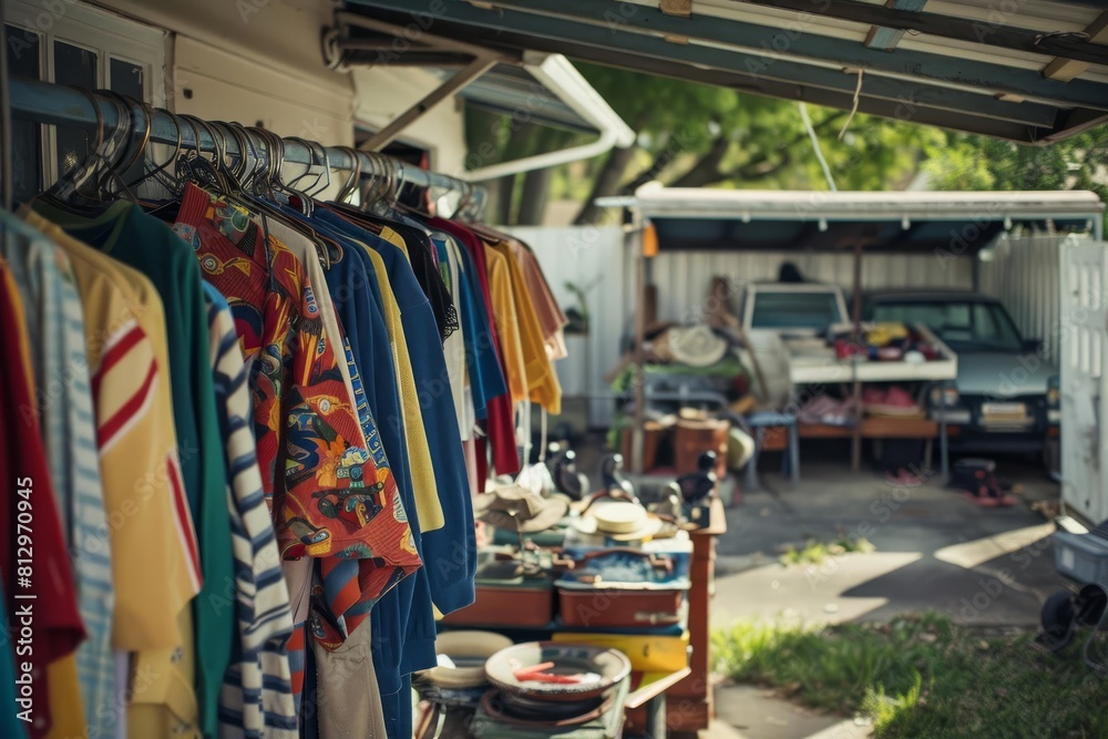 nostalgic suburban garage sale with retro collectibles and vintage clothing lifestyle photography