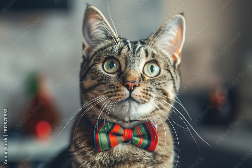 Cat wearing a festive bow tie, looking curiously at a camera, ready for Cat Day celebrations Cat wearing a festive bow tie, looking curiously at a camera, ready for Cat Day celebrations