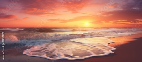 A captivating copy space image of sunset over the beach with frothy waves gracefully rolling onto the shore