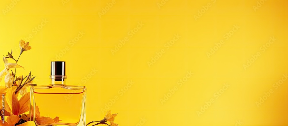 A copy space image featuring perfume overlaid on a vibrant yellow backdrop