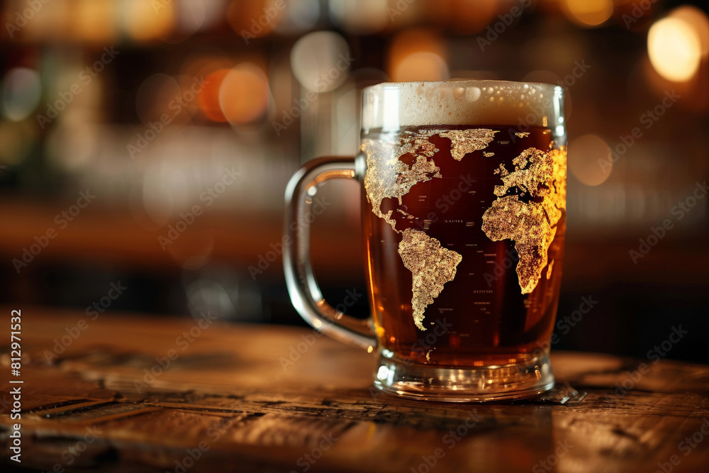 Close-up of a frothy beer mug with a global map foam design, symbolizing International Beer Day, on a wooden bar Close-up of a frothy beer mug with a global map foam design, symbolizing International Beer Day, on a wooden bar
