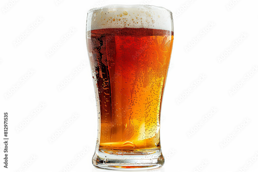 Close-up of a glass of beer with a perfect foam head, isolated on a white background, simplicity in focus Close-up of a glass of beer with a perfect foam head, isolated on a white background, simplicity in focus