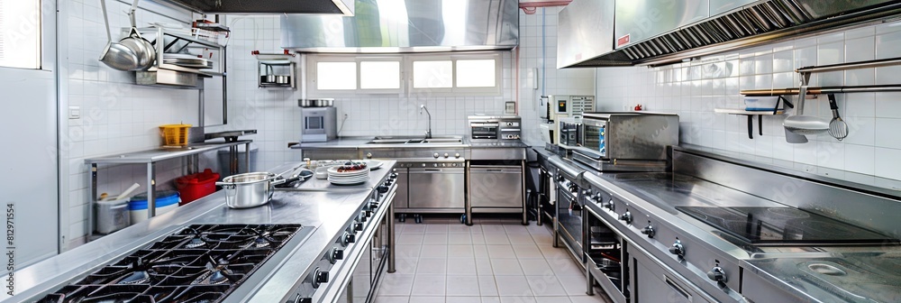 modern commercial kitchen, stainless steel appliances, clean modern commercial kitchen, stainless steel appliances, clean
