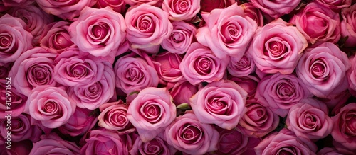 A top down view of pink rose varieties called Fire Works is showcased in this copy space image