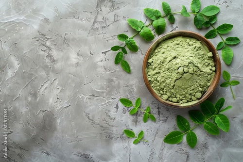 organic moringa powder superfood on minimalist background top view photo