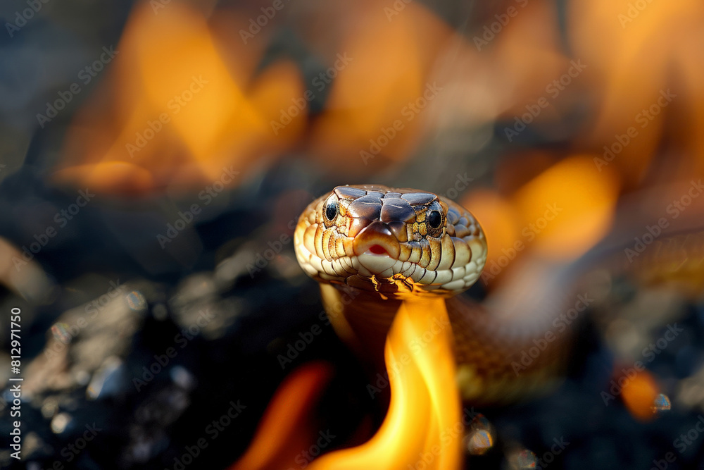 Close-up of a snake slithering rapidly away from the fire, survival instinct in harsh conditions Close-up of a snake slithering rapidly away from the fire, survival instinct in harsh conditions