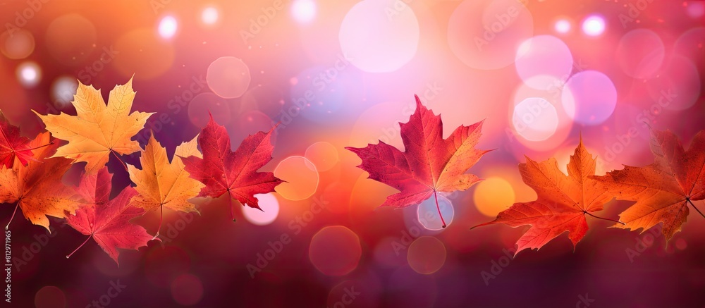 Red bokeh background with a border frame of colorful maple leafs allowing for copy space image Red bokeh background with a border frame of colorful maple leafs allowing for copy space image
