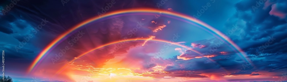 A photorealistic image of a vibrant double rainbow arcing across a dramatic sky filled with dark storm clouds and streaks of sunlight A photorealistic image of a vibrant double rainbow arcing across a dramatic sky filled with dark storm clouds and streaks of sunlight