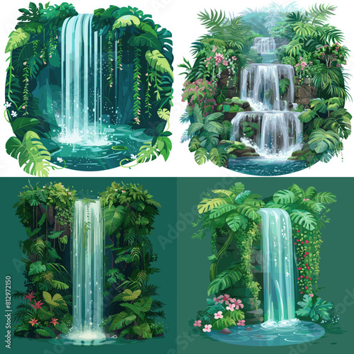 Stunning tropical waterfall artwork surrounded by lush green jungle, cascading water, and vibrant foliage, capturing the serenity and beauty of untouched nature.
