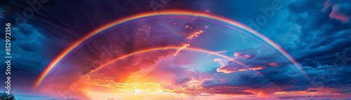 A photorealistic image of a vibrant double rainbow arcing across a dramatic sky filled with dark storm clouds and streaks of sunlight © EC Tech 