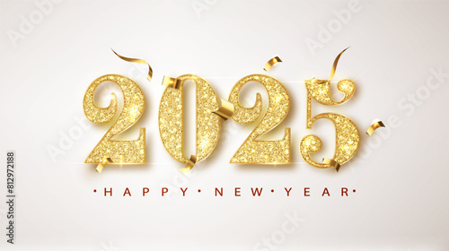 2025 gold New year banner with flying confetti and glitter numbers on bright background. Banner For Christmas and winter holiday headers, party flyers template