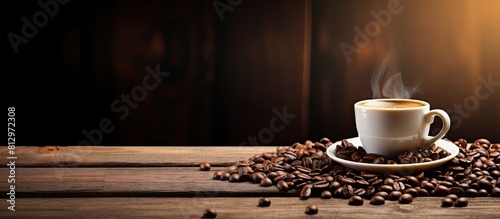 An image of a cup of coffee and coffee beans on an aged wooden surface with empty space for text or other elements. Copyspace image