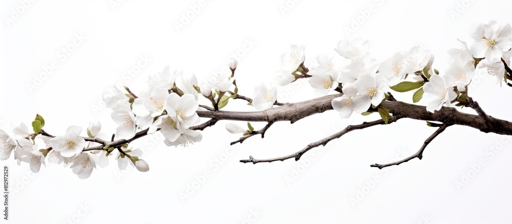A beautifully blooming branch positioned against a white background providing ample empty space for other visual elements A beautifully blooming branch positioned against a white background providing ample empty space for other visual elements