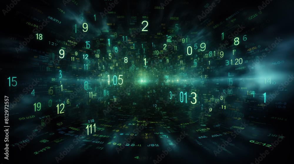 Abstract background with glowing green, emerald and yellow numbers. Random digits in dark space. Cyberspace, computer programming, information coding, mathematics.
