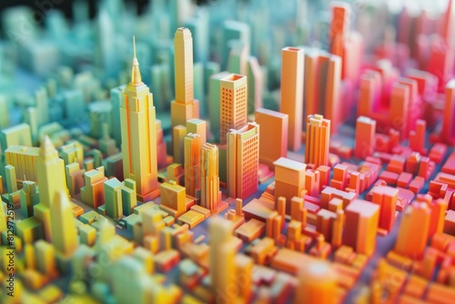 Vibrant and detailed 3d printed miniature cityscape model with tiny colorful buildings  representing a futuristic urban metropolis  perfect for display and educational development