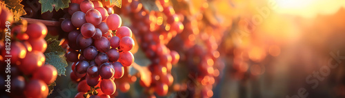 A close-up image of a bunch of ripe red grapes on the vine, with the sun setting in the background. photo