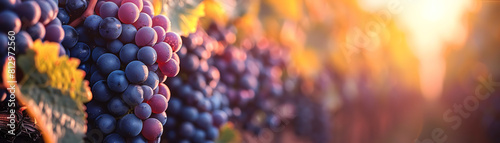 A close-up of a bunch of ripe grapes on the vine, with the sun setting in the background photo