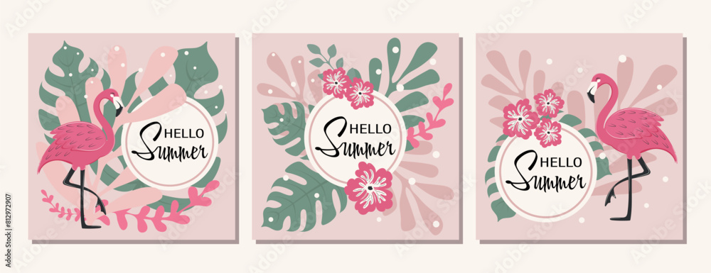 A set of summer templates for banners, posters, postcards and more with flamingos and tropical leaves and flowers. Vector design. A set of summer templates for banners, posters, postcards and more with flamingos and tropical leaves and flowers. Vector design.