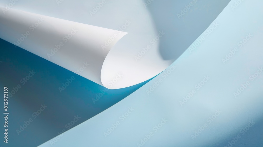 A single, white sheet of paper with a folded corner, casting a slight shadow on a sky blue background A single, white sheet of paper with a folded corner, casting a slight shadow on a sky blue background