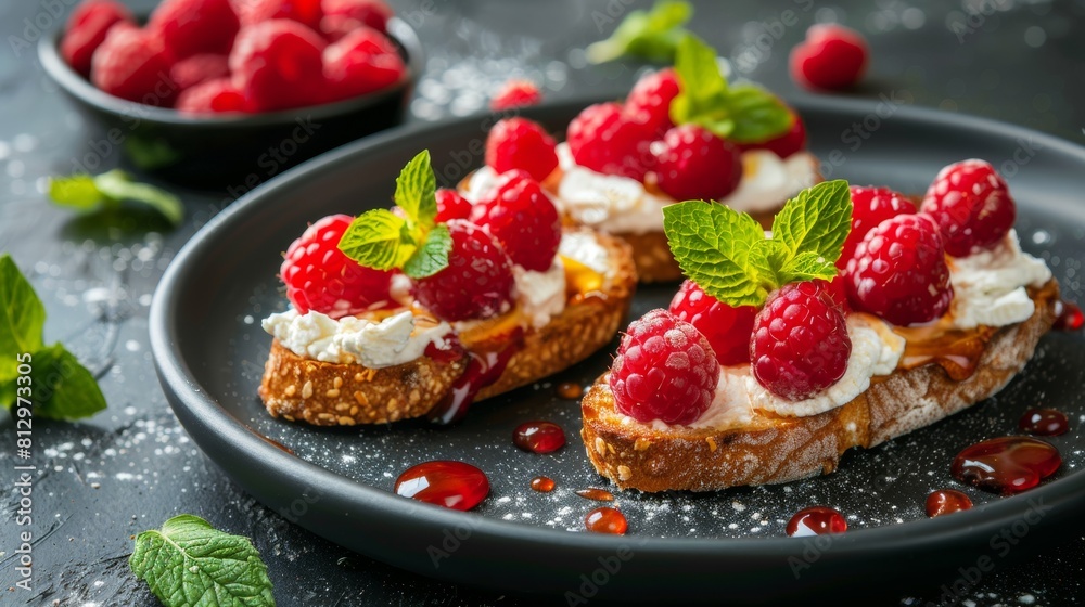 Crostini with raspberries and goat cheese, sprinkled with fresh raspberries. Sprinkled with honey and decorated with fresh mint leaves. Crostini with raspberries and goat cheese, sprinkled with fresh raspberries. Sprinkled with honey and decorated with fresh mint leaves.