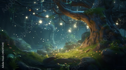 A magical forest illuminated by the soft glow of fireflies, where animated woodland creatures playfully interact under the canopy of ancient trees.