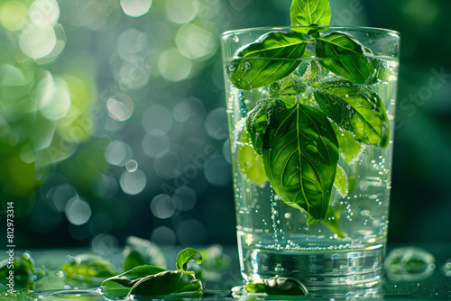 Fresh basil sprigs in a glass of water, close-up with emphasis on the freshness and vivid green 