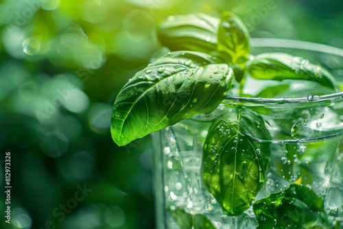 Fresh basil sprigs in a glass of water, close-up with emphasis on the freshness and vivid green 