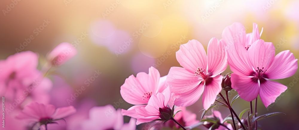 Hello summer Take a look at this stunning image of beautiful pink garden flowers in a serene garden setting The vibrant colors and delicate blossoms create a captivating copy space image