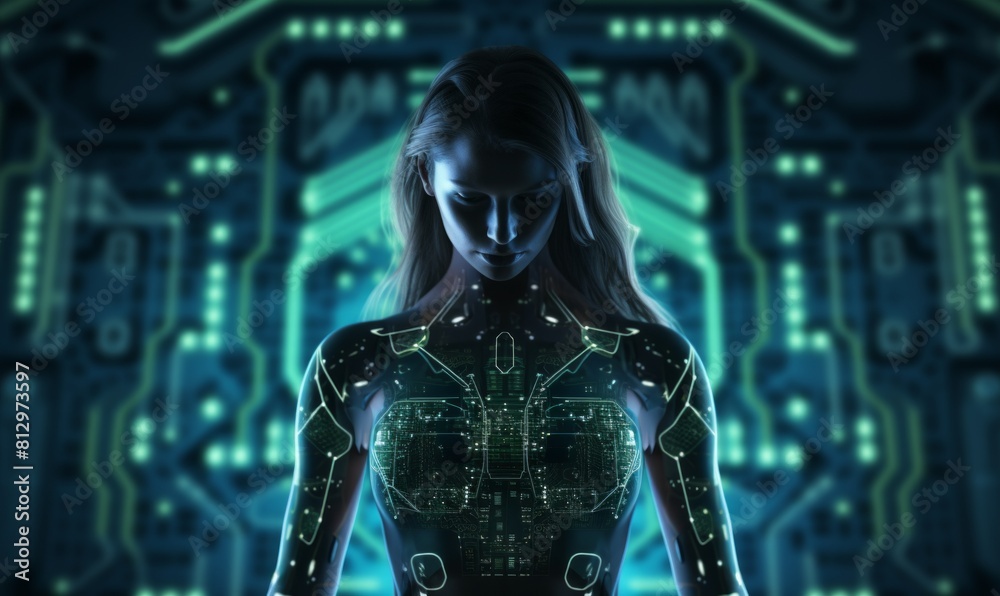 Stunning visual of a young woman merged with advanced circuitry, illustrating the blend of human and technology in a futuristic cybernetic design Stunning visual of a young woman merged with advanced circuitry, illustrating the blend of human and technology in a futuristic cybernetic design