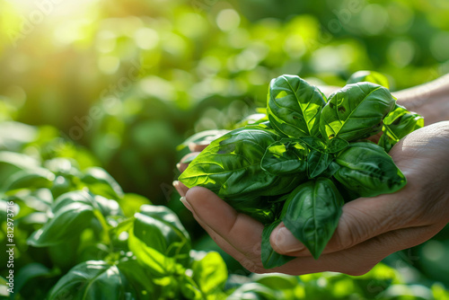 Handful of basil leaves held in cupped hands, close-up with a blurred garden background 
