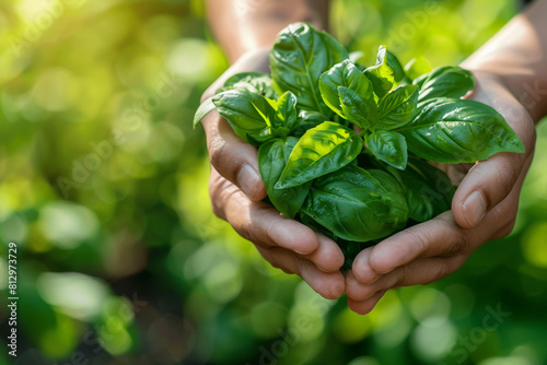 Handful of basil leaves held in cupped hands, close-up with a blurred garden background 