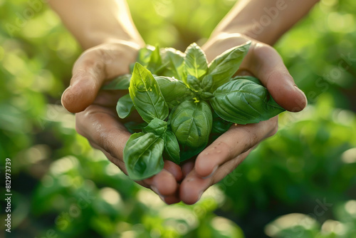 Handful of basil leaves held in cupped hands, close-up with a blurred garden background 