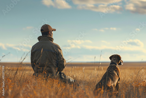 Hunter with a trained hunting dog at his side, both alert and scanning the horizon in a grassy field 