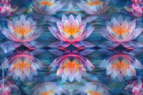 Kaleidoscopic image of lotus flowers  symmetrical and colorful abstract design 