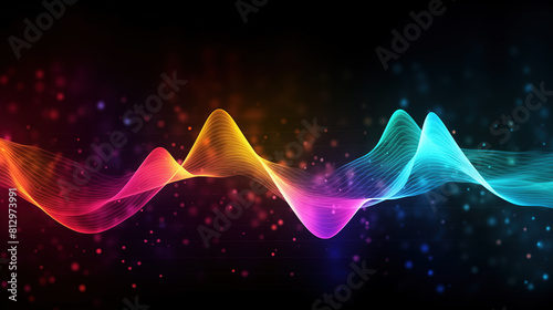 Colorful energy waves on dark background with blurry lights. Electromagnetic spectrum. Glowing waveforms, rainbow colors. Light, amplitude and frequency. Scientific background.