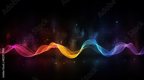 Abstract rainbow colored waves on dark background with lights and sparkles. Colorful glowing waveforms. Light and sound frequencies. Electromagnetic spectrum. Science and technology.
