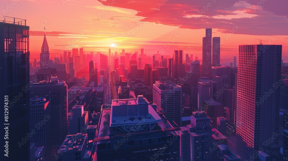 Fototapeta premium A city skyline with a sunset in the background