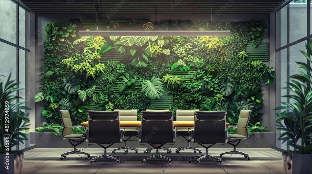 A large green wall with a plant mural and a table with chairs in front of it A large green wall with a plant mural and a table with chairs in front of it