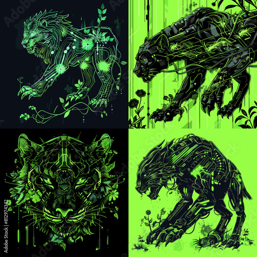 Futuristic biomechanical panther artwork blending cybernetics with nature, featuring glowing neon circuits, robotic elements, and a sci-fi cyberpunk aesthetic