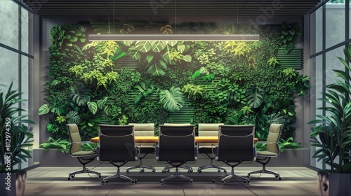 A large green wall with a plant mural and a table with chairs in front of it