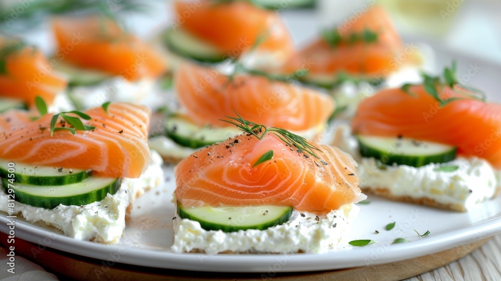 Toaster with cream cheese, a piece of salmon trout and a slice of cucumber. Toaster with cream cheese, a piece of salmon trout and a slice of cucumber.