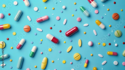 Multi-colored capsules and tablets on a blue background