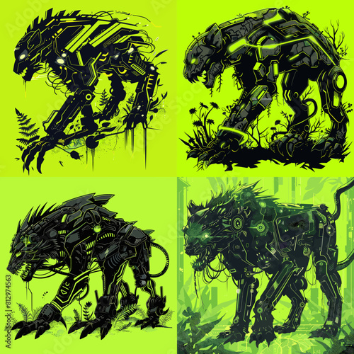 Futuristic cybernetic beast artwork featuring biomechanical robotic wolves with glowing neon accents, blending sci-fi, cyberpunk, and artificial intelligence aesthetics