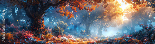 A beautiful, highly detailed painting of a lush forest in the fall photo