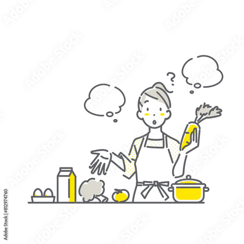 食材に疑問を持つ若い女性　シンプルでお洒落な線画イラスト