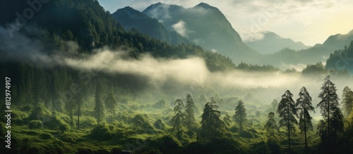 A mist conceals a forested section beside a mountain creating an atmospheric copy space image