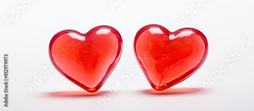 Copy space image of two red jelly candy hearts on a white background captured using the chasing the light process