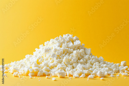 Pile of crumbled feta cheese on a bright yellow to white gradient background, sunny and Mediterranean feel 